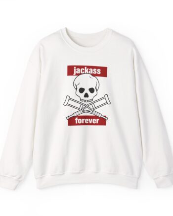 Jackass Forever Red Skull and Crutches Warning Logo Raglan Unisex Heavy Blend™ Crewneck Sweatshirt