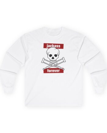 Jackass Forever Red Skull and Crutches Warning Logo Raglan Unisex Ultra Cotton Long Sleeve Tee