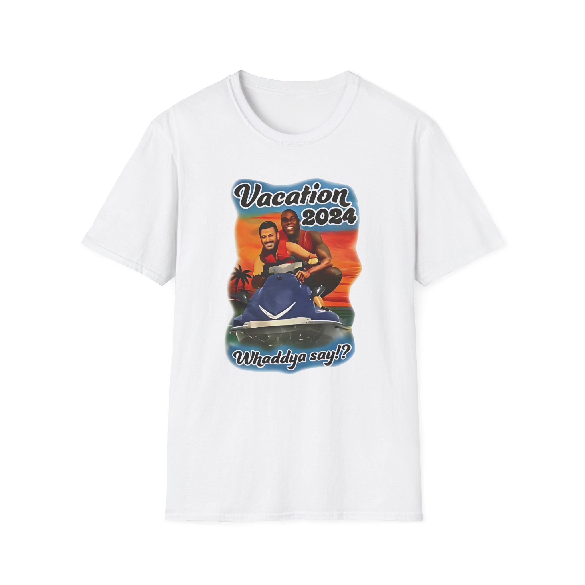 Magic Johnson and Jimmy Kimmel Vacation 2024 Whaddya Say Unisex Softstyle T-Shirt