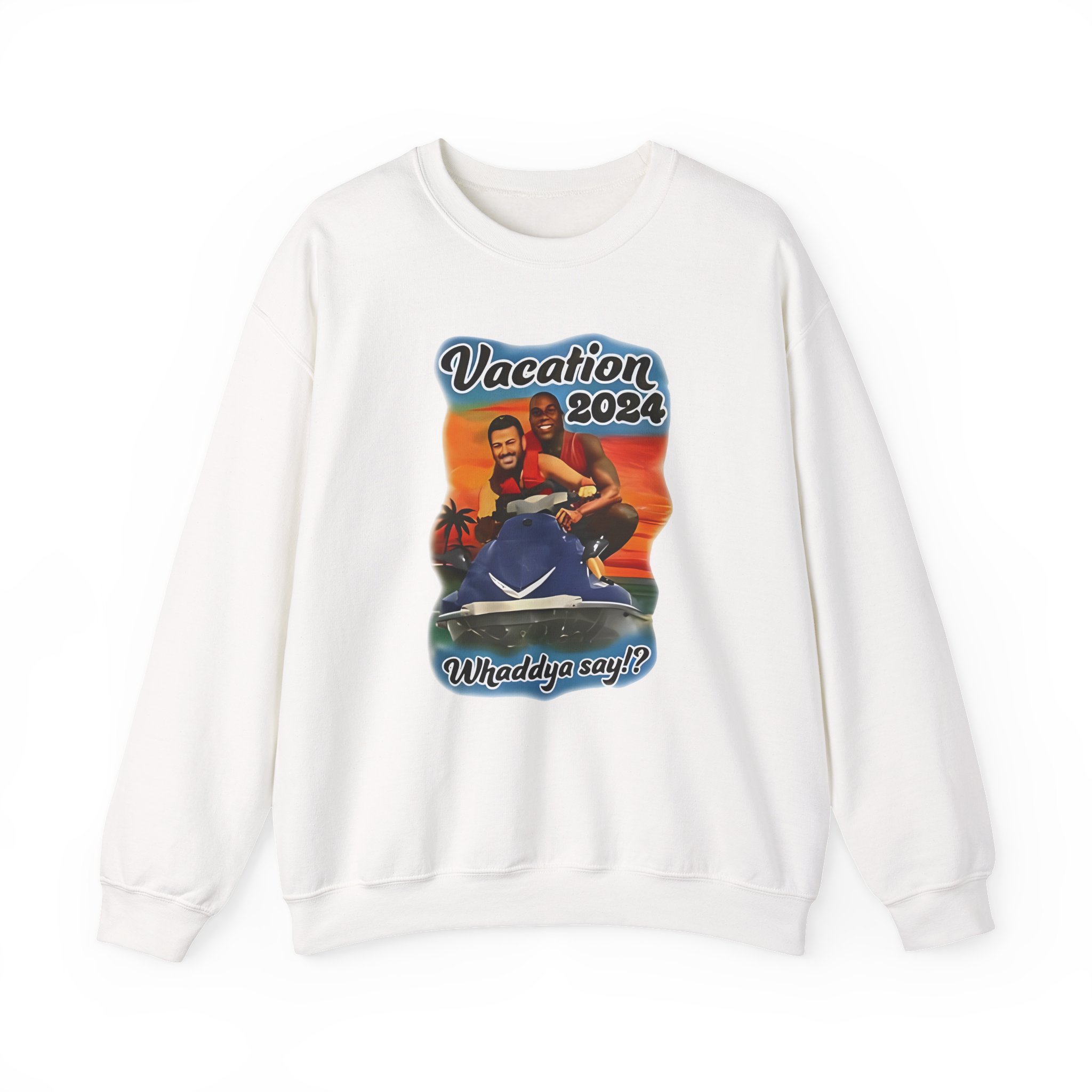 Magic Johnson and Jimmy Kimmel Vacation 2024 Whaddya Say Unisex Heavy Blendâ„¢ Crewneck Sweatshirt