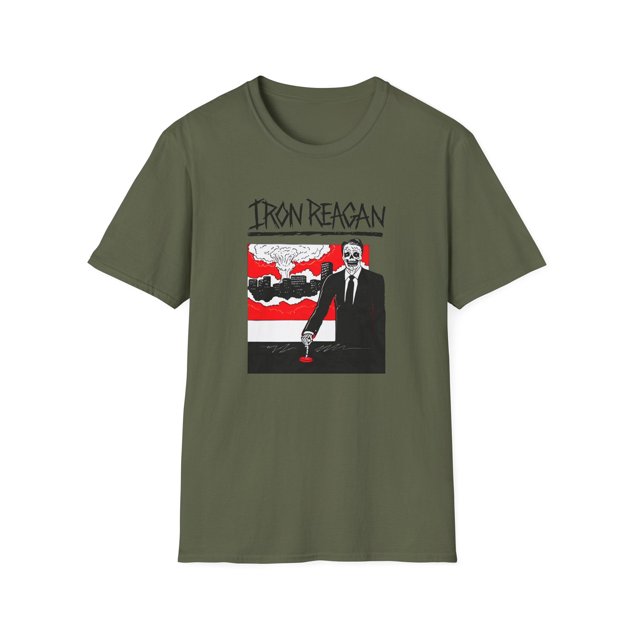Iron Reagan Finger On The Button Unisex Softstyle T-Shirt